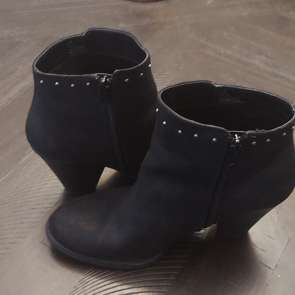 MIA Black Studded Textile Upper Sz 8.5 Ankle Boots Stacked Heel Boho Grunge Moto - Picture 8 of 11